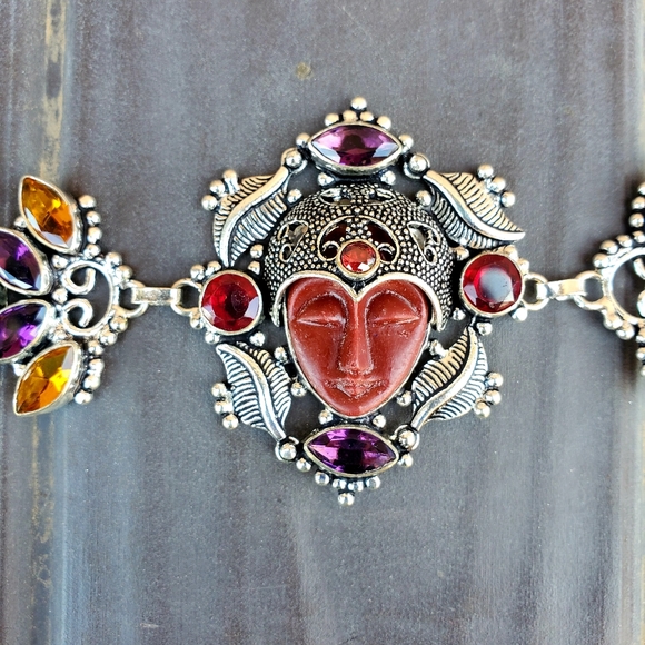New Carved Goddess Face Multi Gemstone 925 Bracelet. - Picture 8 of 16